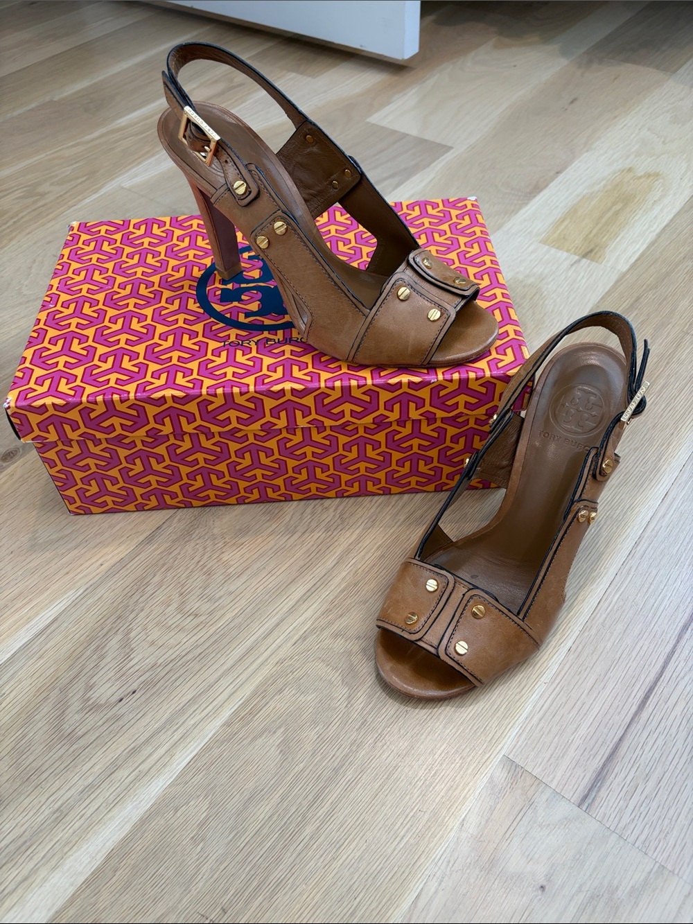 Tory Burch Tan Leather Peep-Toe Slingback Heels with Gold Hardware